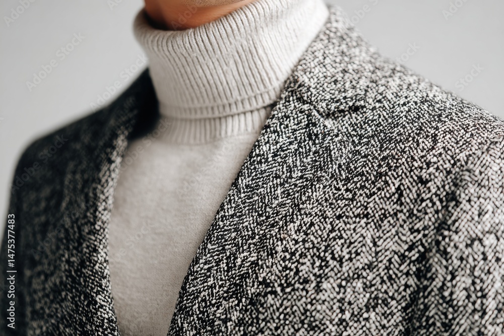 Poster a close-up studio shot capturing the subtle elegance of a grey turtleneck sweater and a stylish twee