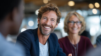 Fototapeta premium Men and women exchange ideas at shared desk, animated expressions and hand gestures reflecting teamwork and innovation