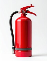 Fototapeta premium Red fire extinguisher with black hose and red handle on white background