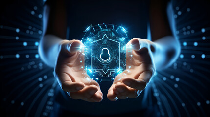 Hands cradling a luminous digital security icon, radiating trust and protection