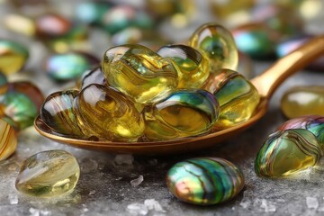 Close-up of decorative glass stones with golden spoon, showcasing vibrant colors, smooth textures, and artistic arrangement on a textured surface, reflecting light.