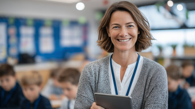 Confident teacher stands at front of class, tablet in hand, students watching attentively, vibrant classroom decor and learning charts in background