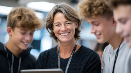 Group of students gathered around smiling teacher holding tablet, engaged in collaborative learning activity in a well-lit room