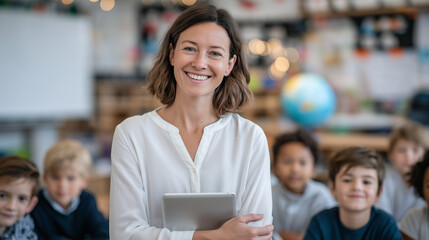 Teacher stands confidently beside whiteboard with tablet, happy children listen intently, diverse classroom setting filled with educational materials