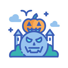 Whimsical Halloween castle with spooky face and pumpkin