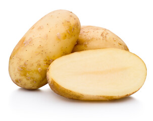 New potatoes freshly cut in half isolated on white background