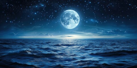 Moonlit ocean waves at night serene seascape digital tranquil environment aerial view