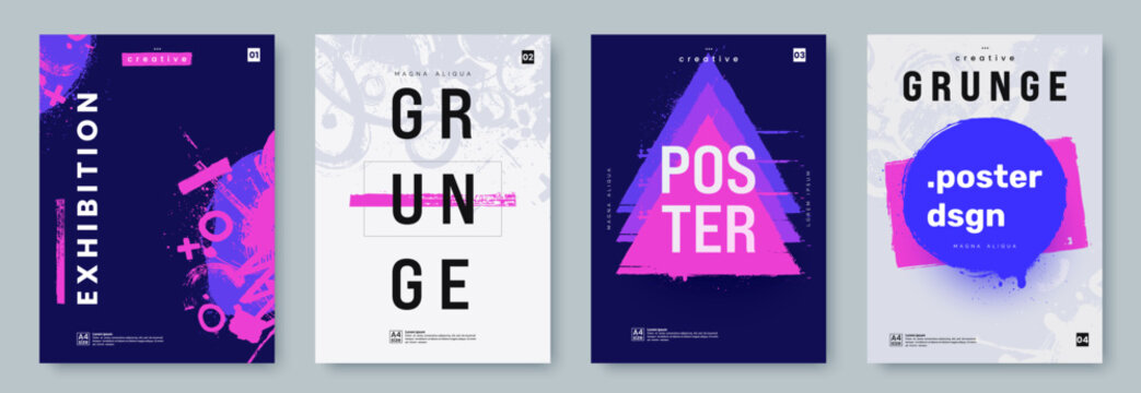 Vibrant grunge a4 posters set for exhibition or event featuring bold typography and modern design elements in blue and pink hues. Ideal for creative projects. Vector illustration.