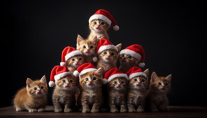 A group of kittens wearing santa hats arranged in a pyramid formation photo