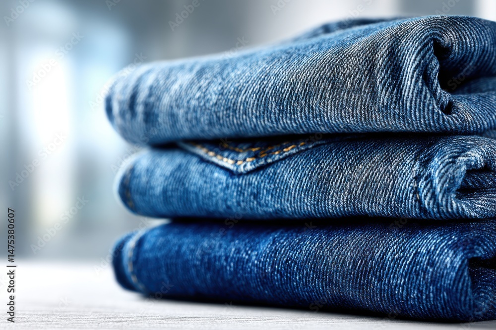 Poster a close-up of a stack of folded blue jeans on a light surface with a blurred background showcasing t