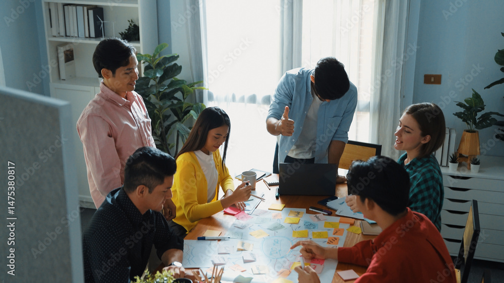 Poster top view of diverse business people drawing mind map by using marker while brainstorm idea and writi