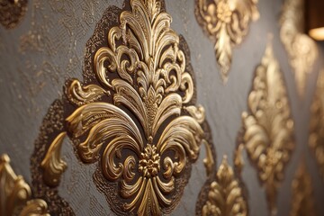 Detailed closeup of ornate golden floral patterns adorning a luxurious textured wall, emphasizing elegance and sophistication in interior decor design element.