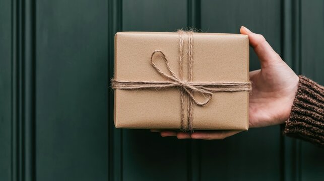 A brown wrapped present is held in a persons hand