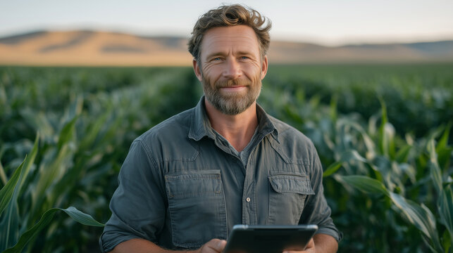 Smiling farmer walks between crop rows, glancing at digital tablet, tall green plants swaying in light breeze under golden morning light - Powered by Adobe