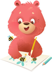 Cute Bear and bee drawing and coloring with crayons or pencils in a storybook. Cute wild animal character illustration, early education for children creativity. Vector cartoon illustration for kids.