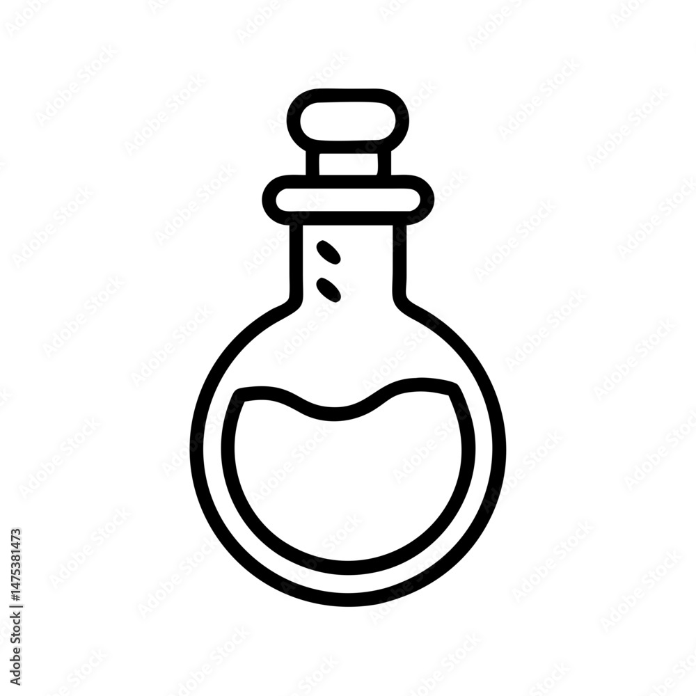 Poster apothecary bottle with liquid and stopper isolated on a white background in a simple line drawing