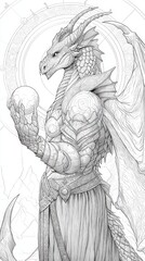 Fototapeta premium Majestic dragon holding orb, detailed line art illustration.