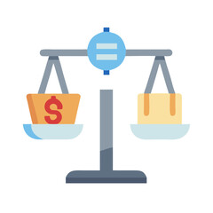 Balance scale showing equal weight between money and product