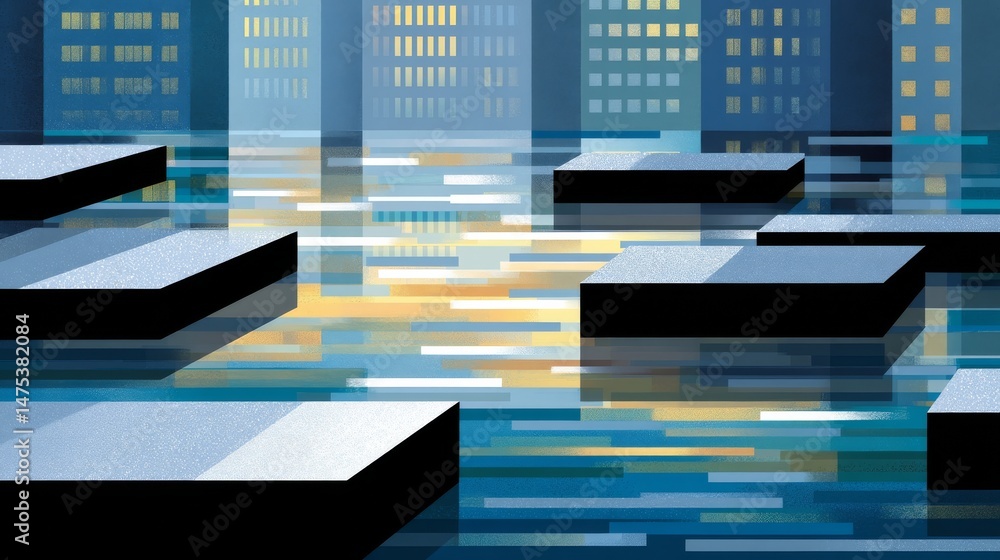 Poster abstract design of floating geometric bars casting shadows on a reflective surface in a serene urban