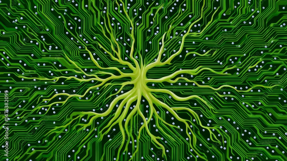 Poster abstract digital circuit board with green roots extending outward symbolizing technology and growth
