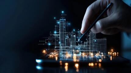 A hand is sketching a digital city on a tablet screen