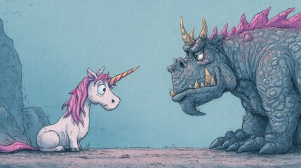A whimsical illustration of a unicorn and a large, grumpy dragon.
