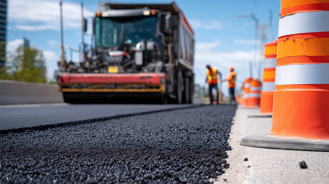 Construction zone filled with orange cones, asphalt truck offloading into paving machine, men direct flow and measure surface temps