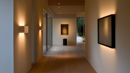 Fototapeta premium A modern interior hallway with artwork and minimalist lighting fixtures