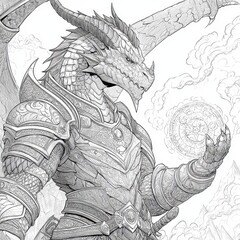 Detailed line art drawing of a mythical armored dragon.