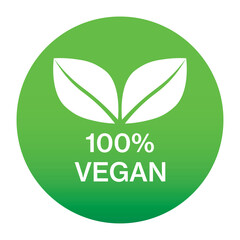 100% Vegan green circle icon. Organic, bio, eco symbol. Vegan, no meat, healthy, fresh and non violent food. Green vector illustration with leaves for stickers, labels, print, web and logos. EPS 10