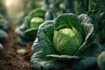 Obraz premium Close-up of a vibrant head of cabbage with water droplets glistening on leaves growing in a field, soft lighting.