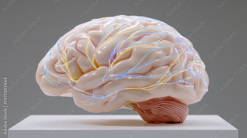 Poster floating anatomical brain model displayed with colorful data signals symbolizing cognitive functions