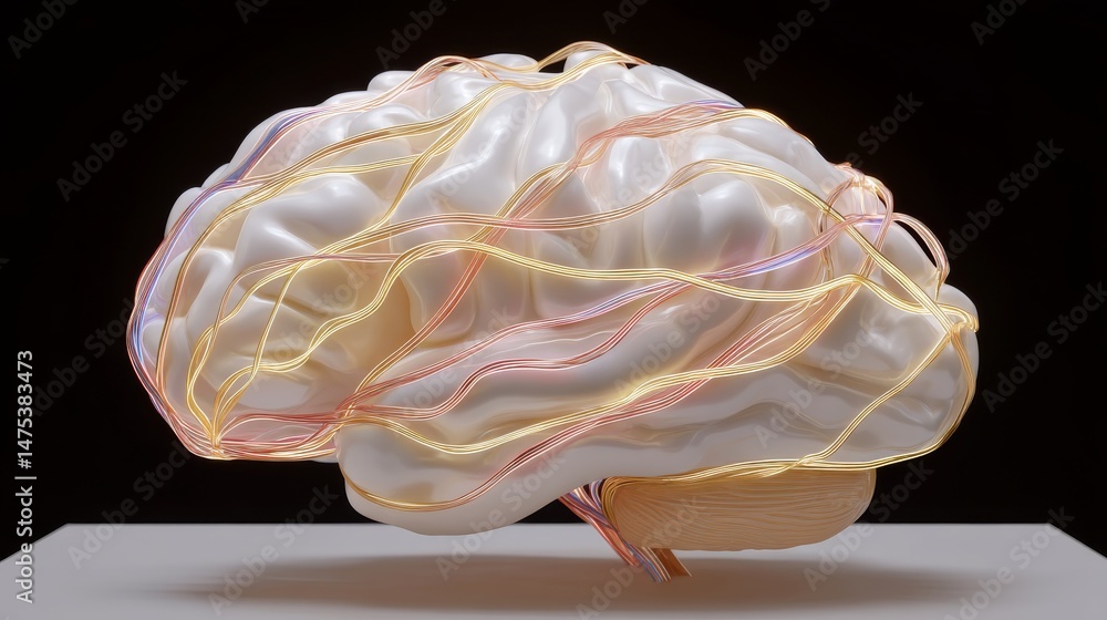 Poster floating anatomical brain model illuminated with glowing data signals in abstract artistic design