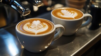 Two beautifully crafted cappuccinos with latte art served on a stainless steel countertop in a caf?