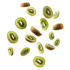 Floating slices of kiwi in mid air on white background creating a whimsical visual effect, Flying falling kiwis isolated on white background