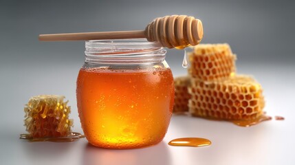 Organic Honey Jar with Honeycomb and Dipper A 3D Illustration