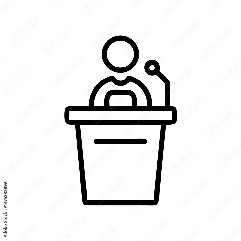 Aufkleber person speaking at a podium with a microphone in a minimalist outline style representation design el
