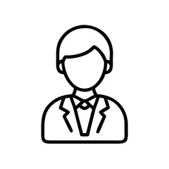 Outline drawing of a person wearing a suit and tie with no face shown in a simple design style