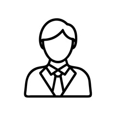 Outline graphic of a person in a suit and tie with a simple hairstyle and no facial features shown