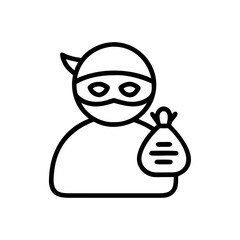Outline drawing of a masked person holding a bag with horizontal lines on it in black and white style
