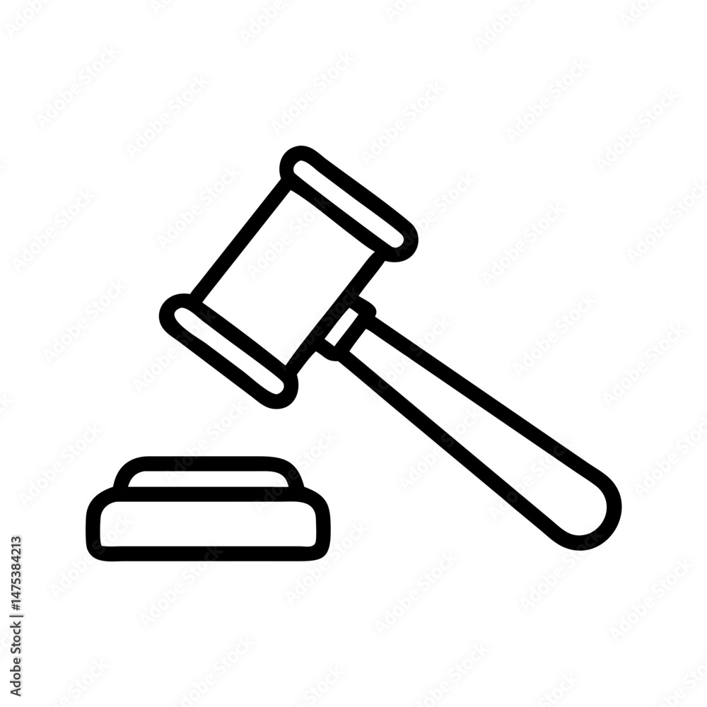 Poster depiction of a gavel poised above a sounding block in a simple line drawing style artwork form