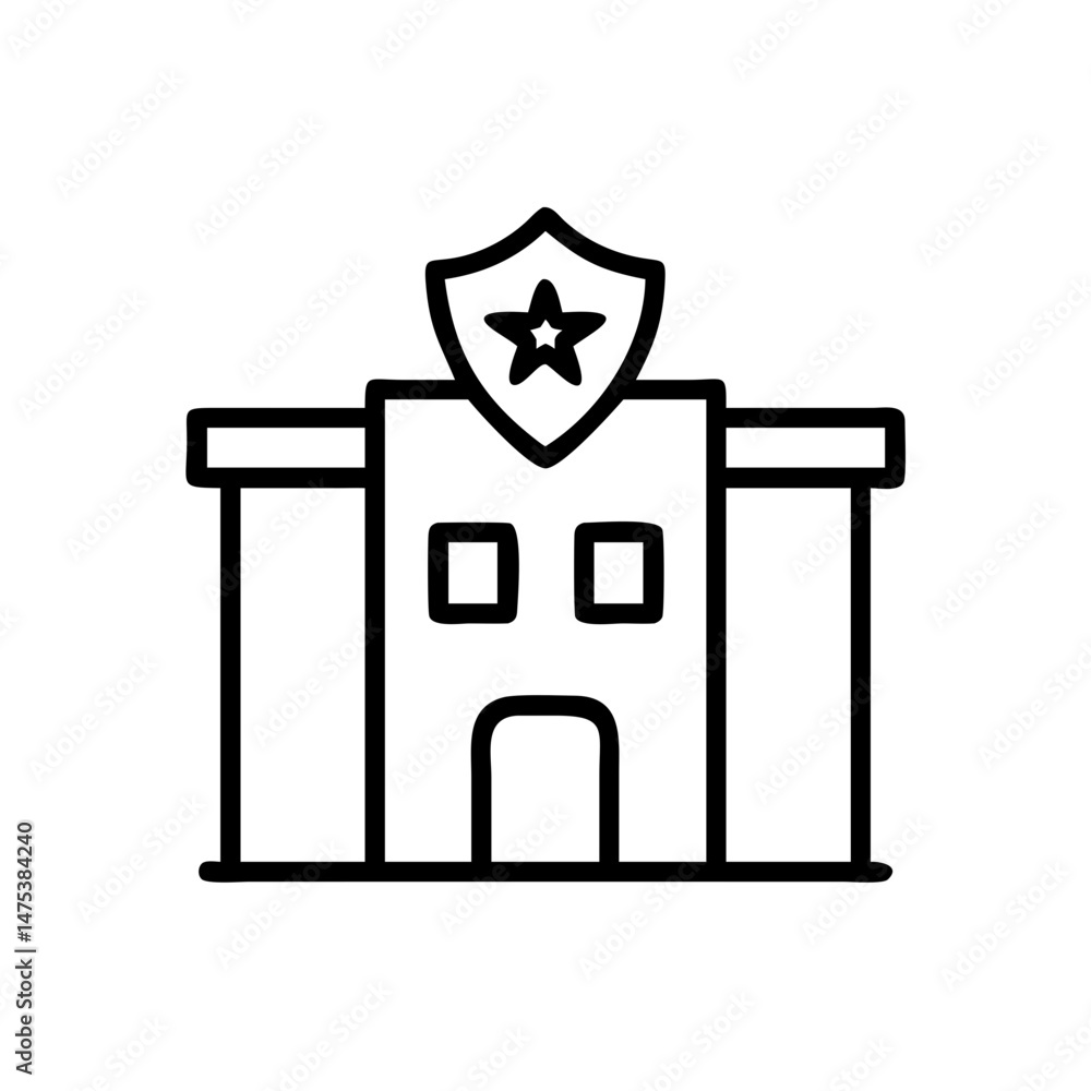 Poster outline drawing of a police building with a star on top of it and a simple design style used here