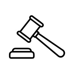 Depiction of a gavel poised above a sounding block in a simple line drawing style artwork form