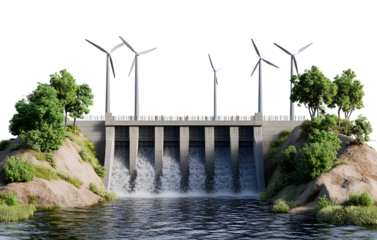 3D realistic water dam with wind turbines and trees on a transparent background