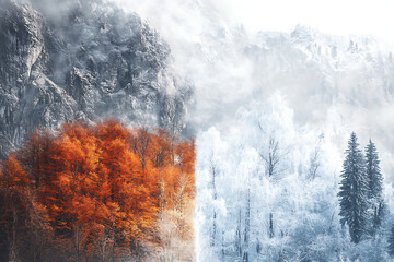 A stunning seasonal contrast between vibrant autumn foliage and serene winter landscapes in a mountainous region