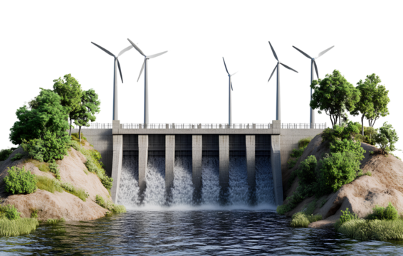 3D realistic water dam with wind turbines and trees on a transparent background