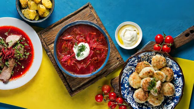Traditional ukrainian dishes like borscht, roasted potatoes, and meat in beet sauce, beautifully arranged on a vibrant yellow and blue background, celebrate ukrainian culture.