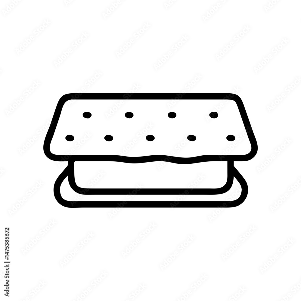 Poster a simple graphic showing a square cracker sandwich with filling and small circular details on top la