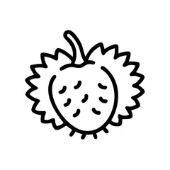 Simple line drawing of a spiky fruit with a stem and small spots on its surface shown in black