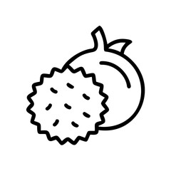 Outline graphic showing two exotic fruits one spiky and one smooth with a stem on a white background